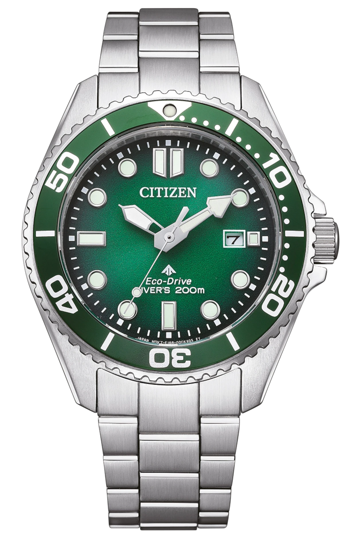 Reloj de hombre con esfera verde, brazalete de acero inoxidable y bisel giratorio