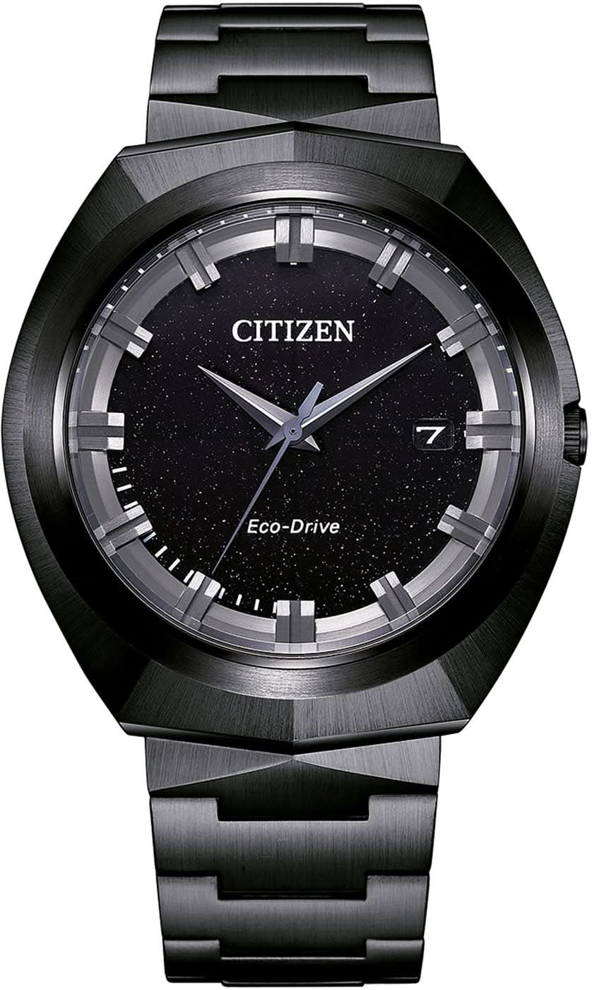 Reloj de hombre: esfera negra, índices plateados, Eco-Drive, correa de metal negra