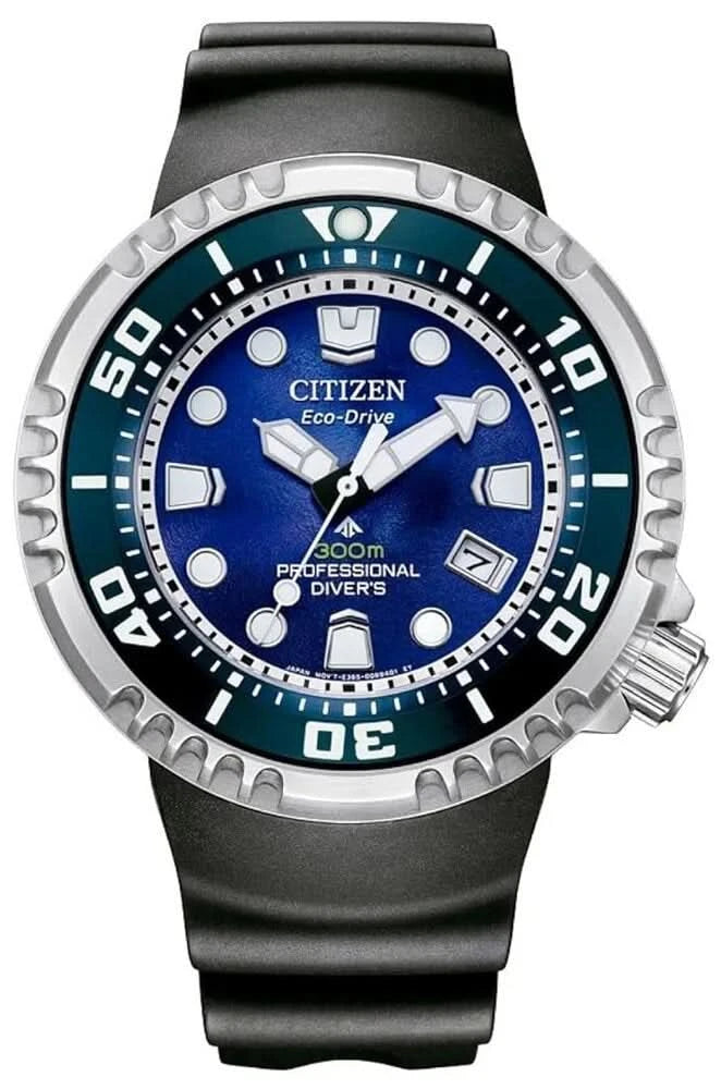 Vista frontal de reloj para hombre con correa de caucho negra, esfera azul y bisel giratorio.