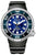Vista frontal de reloj para hombre con correa de caucho negra, esfera azul y bisel giratorio.