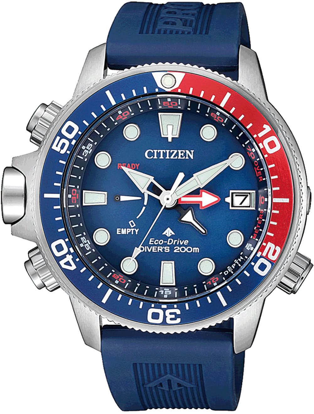 Reloj para hombre con esfera azul, bisel rojo y ventana de fecha, correa de silicona azul