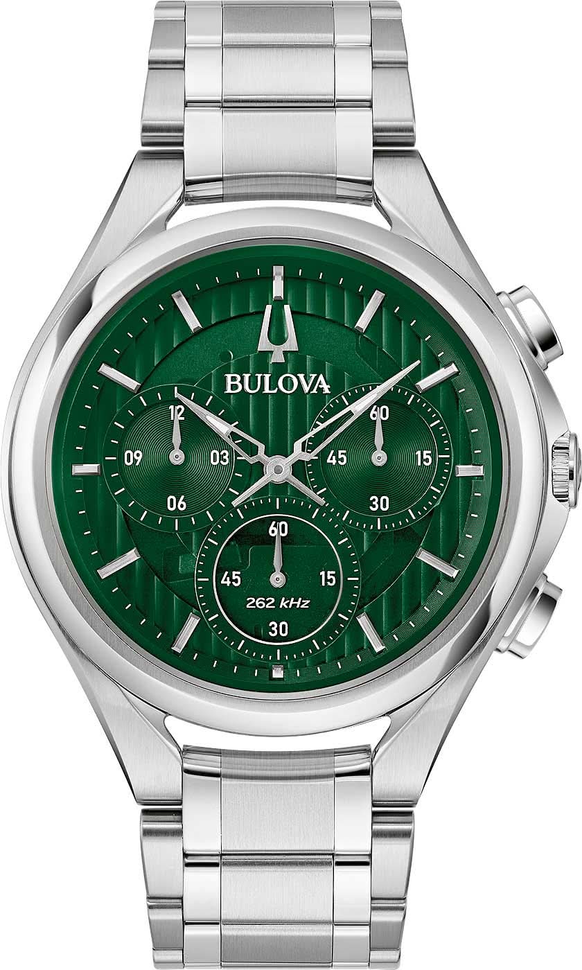 Reloj Bulova Curv para hombre con correa de acero inoxidable plateada, esfera verde y contadores de cronógrafo