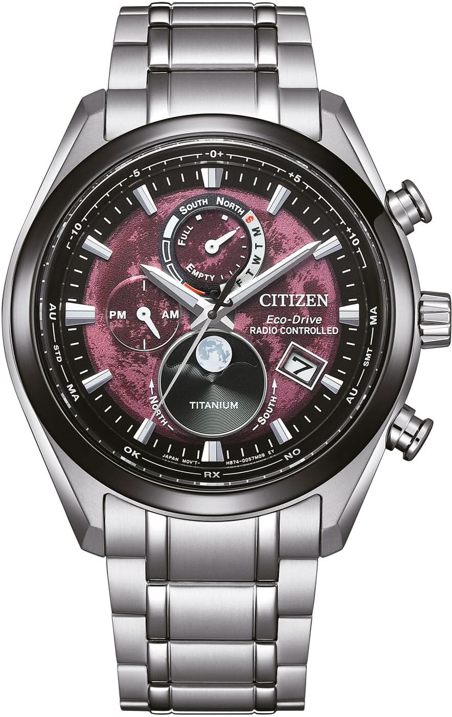 Reloj de hombre con esfera negra, correa de acero inoxidable y visualización de fases lunares
