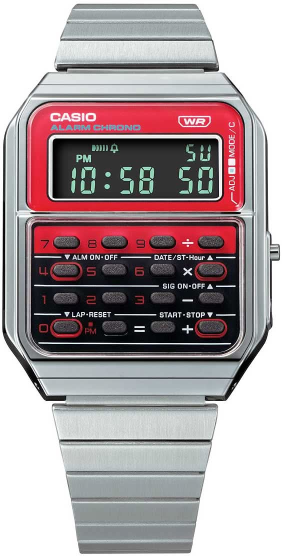 Reloj digital analógico con correa plateada y pantalla roja, teclado de calculadora integrado