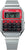 Reloj digital analógico con correa plateada y pantalla roja, teclado de calculadora integrado
