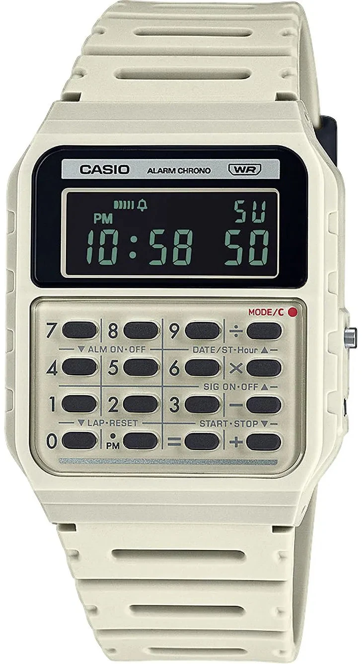 Casio Vintage reloj digital con correa de plástico beige y pantalla LCD, botones
