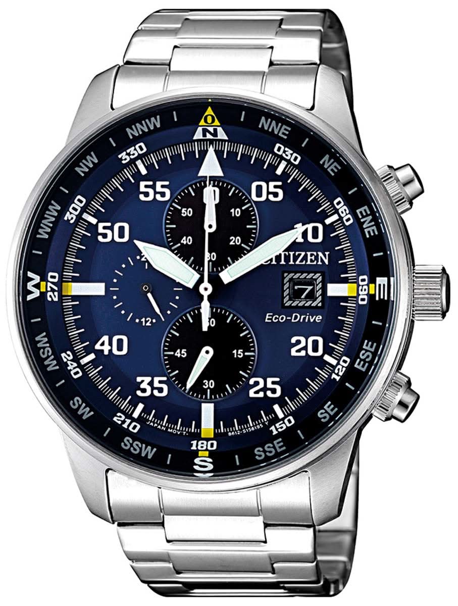 Reloj de hombre con esfera azul, subesferas de cronógrafo y correa de acero inoxidable plateado
