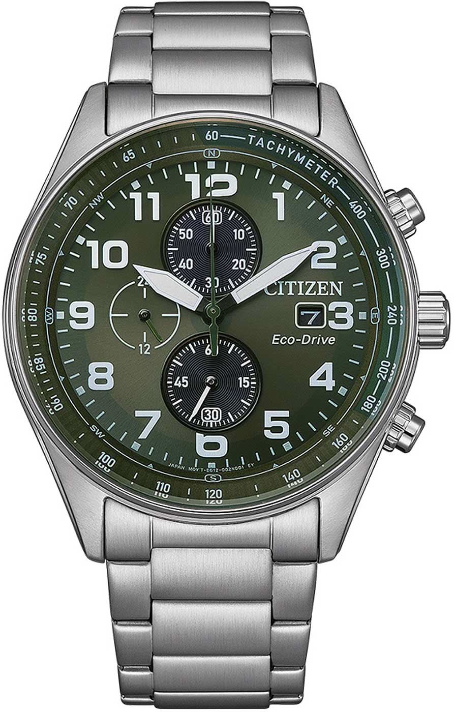 Citizen Eco-Drive Cronógrafo: Reloj de pulsera para hombre con esfera verde y correa de acero inoxidable.