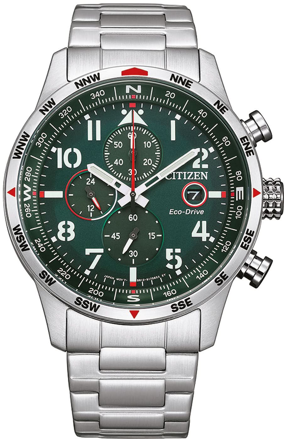 Reloj cronógrafo Citizen deportivo con esfera verde y pulsera de acero inoxidable plateado