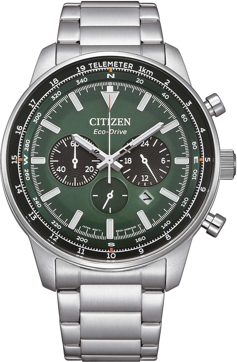 Reloj de hombre con esfera verde, cronógrafo y pulsera de metal