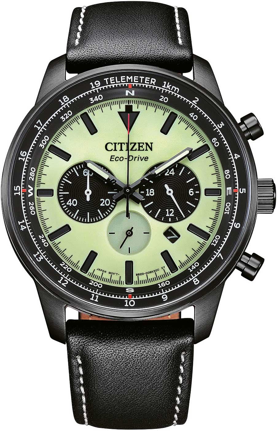 Reloj de hombre con esfera verde, aspecto de cronógrafo y correa de cuero negra