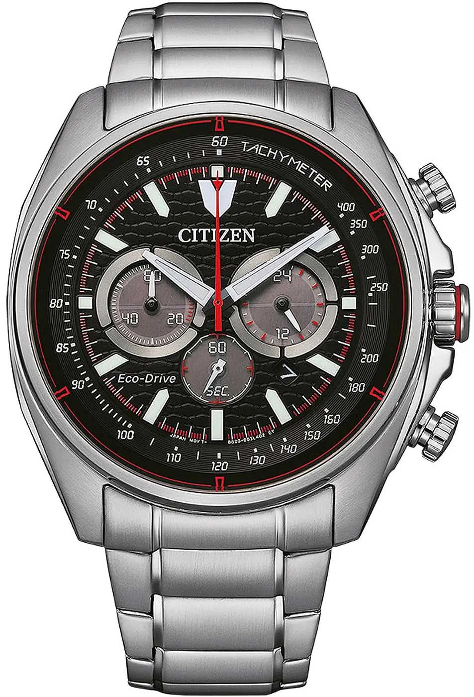Reloj cronógrafo para hombre: esfera negra con detalles rojos, correa de acero inoxidable.