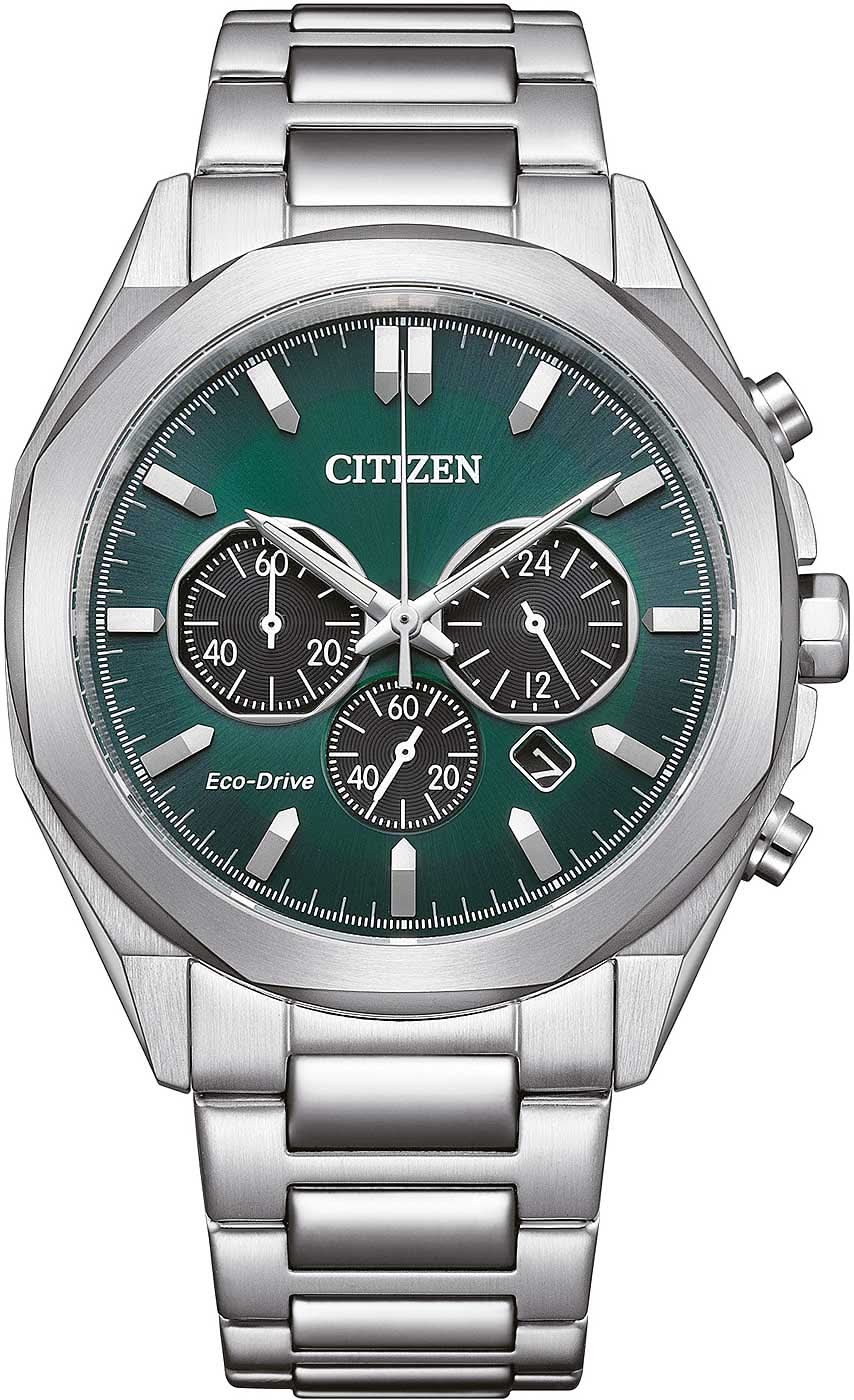 Pulsera de hombre Citizen con esfera verde, cronógrafo y brazalete de acero inoxidable