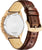 Reloj para hombre con correa de cuero marrón, caja de oro rosa y fondo de caja plateado.