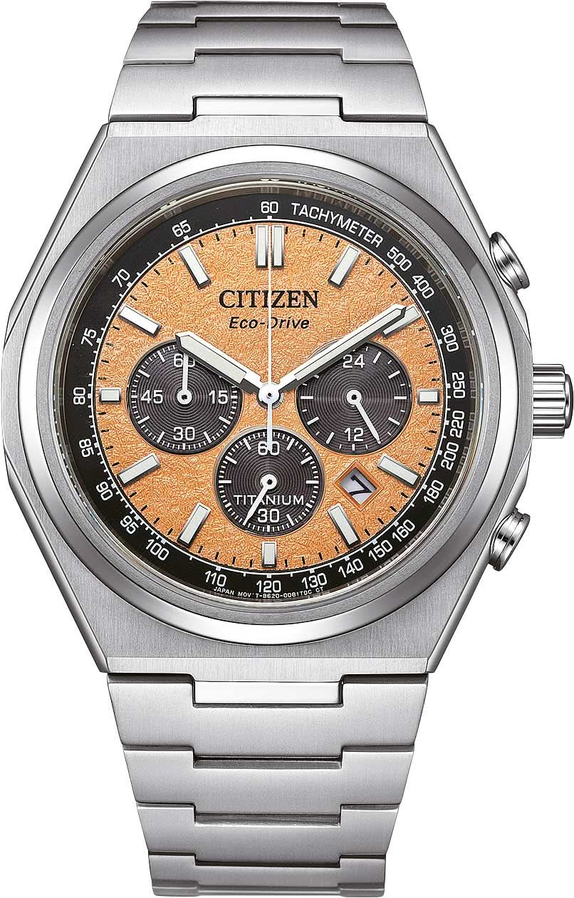 Reloj de hombre de acero inoxidable con esfera naranja quemada, cronógrafo y taquímetro
