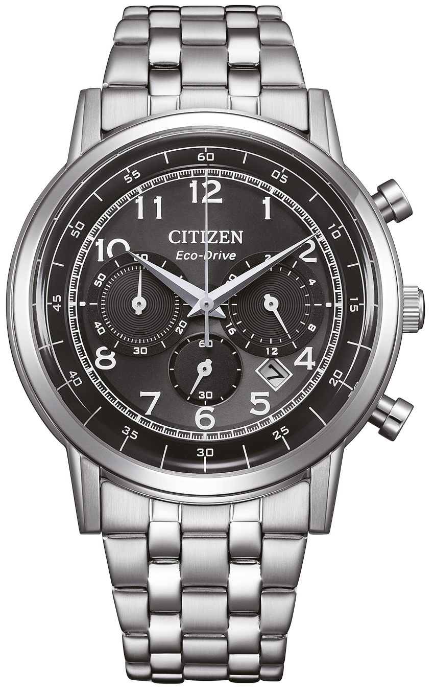 Reloj Citizen para hombre con esfera negra, contadores de cronógrafo y pulsera de acero inoxidable