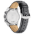 Reloj de hombre, vista trasera con correa de cuero negra, fondo de caja plateado y hebilla de pasador