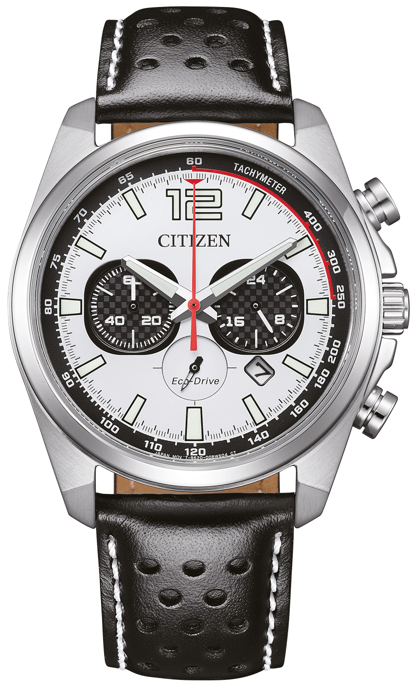 Reloj Citizen para hombre con correa de cuero negra, caja plateada y esfera blanca