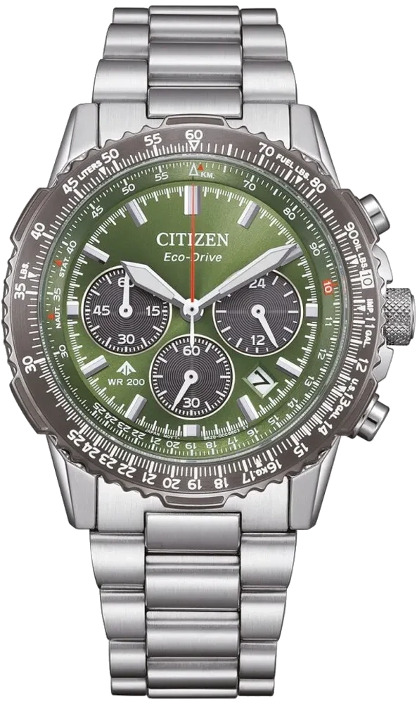 Pulsera de hombre con esfera verde, contadores de cronógrafo y brazalete de acero inoxidable, Eco-Drive