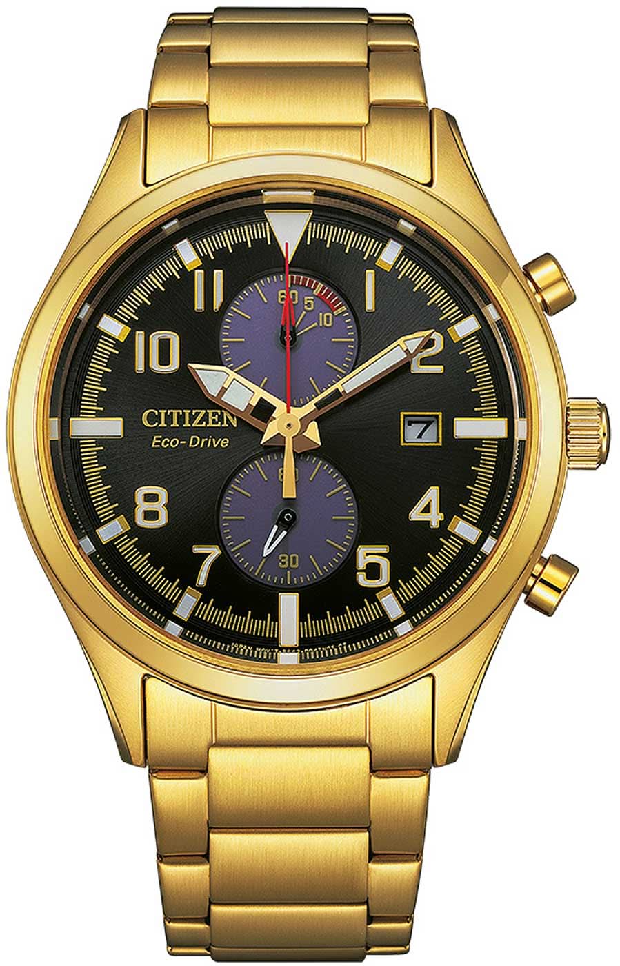 Reloj de hombre dorado con esfera negra, correa de acero inoxidable y subesferas de cronógrafo