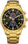 Reloj de hombre dorado con esfera negra, correa de acero inoxidable y subesferas de cronógrafo