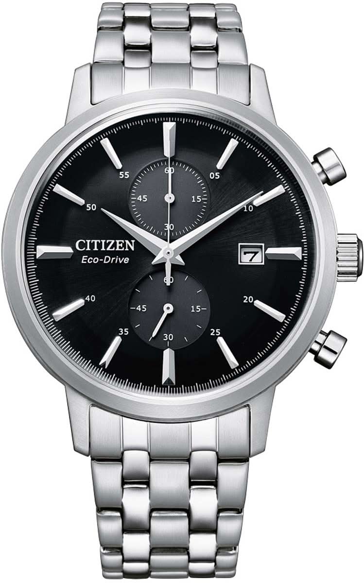 Reloj de pulsera Citizen para hombre con esfera de cronógrafo, esfera negra y correa de metal