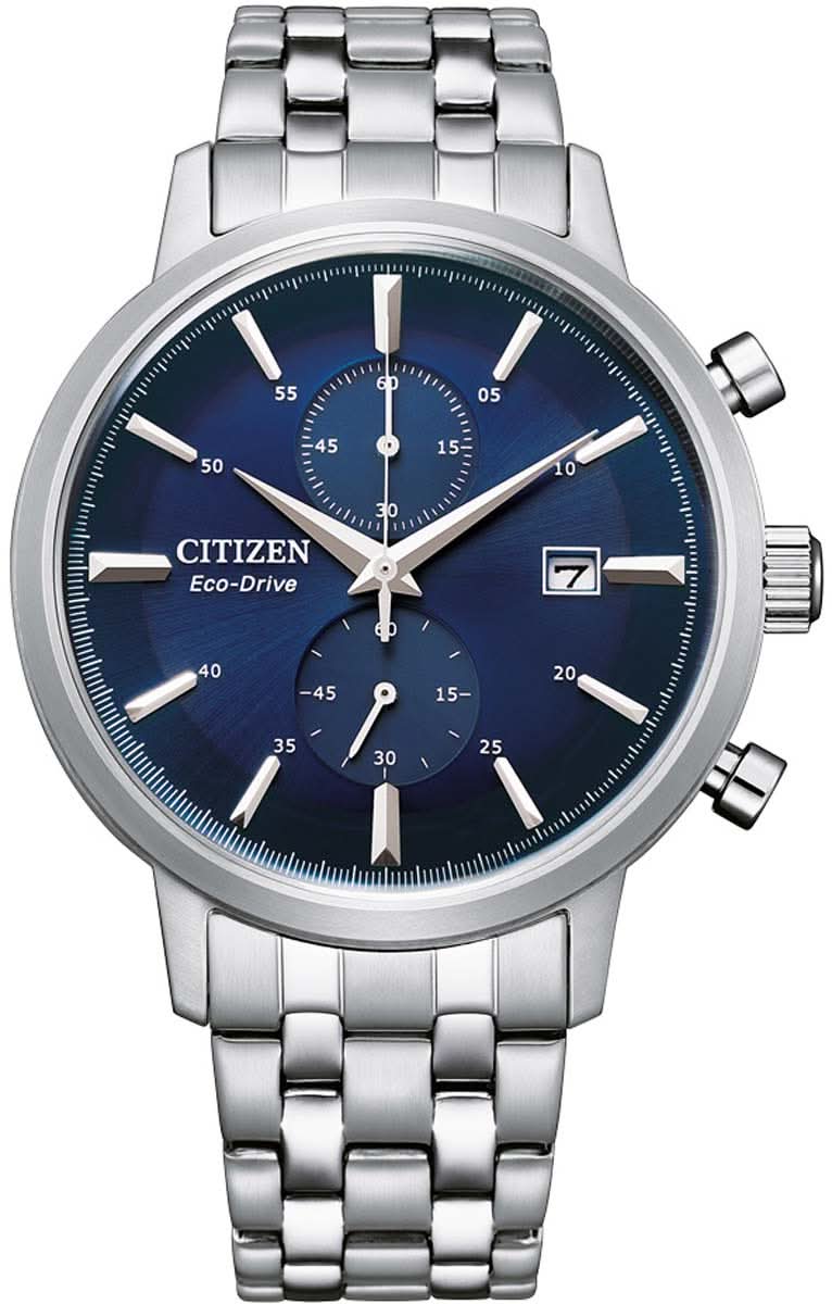 Reloj de acero inoxidable con esfera azul, subesferas de cronógrafo y brazalete de metal