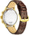 Vista trasera de reloj para hombre con correa de cuero marrón y caja dorada.
