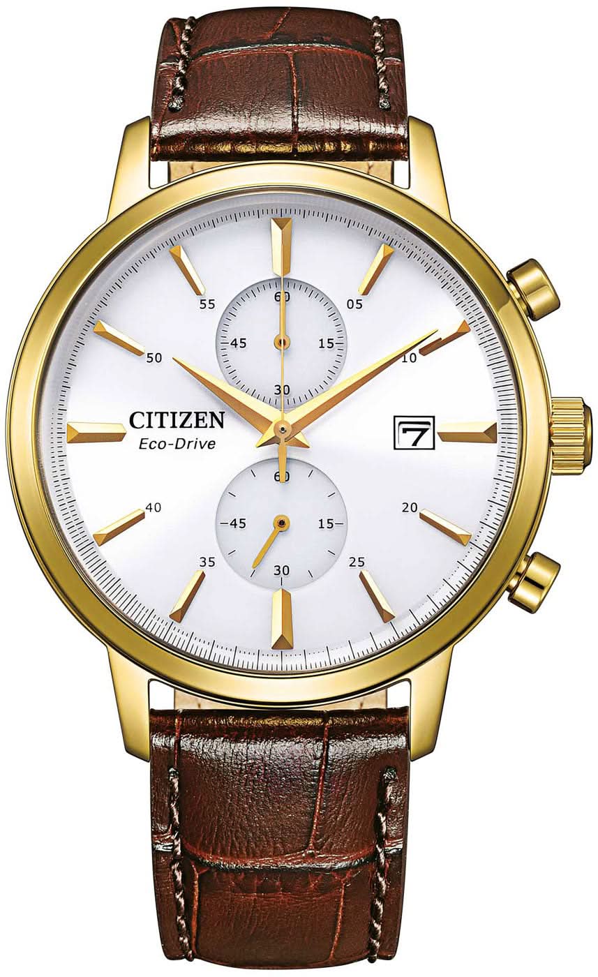 Reloj de hombre con caja dorada, esfera blanca y correa de cuero marrón.