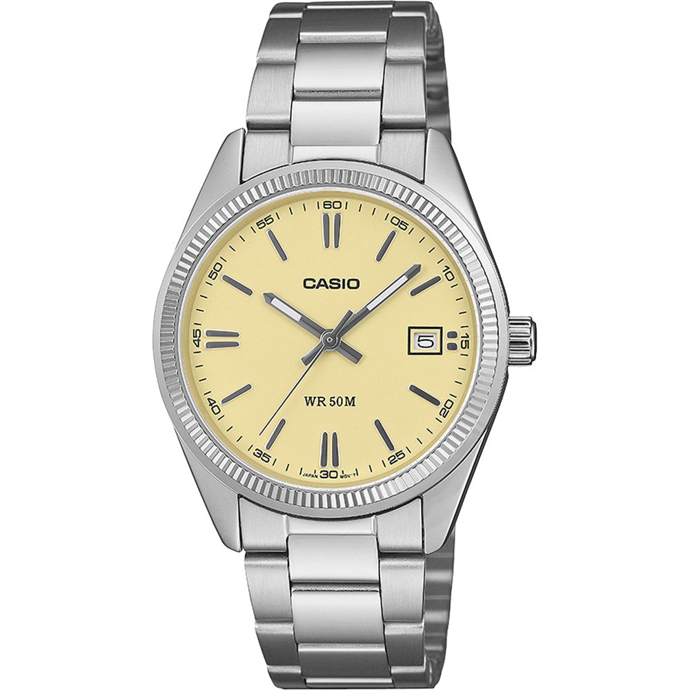 Herrenarmbanduhr Casio mit silbernem Metallband, gelbem Zifferblatt, Datumsanzeige