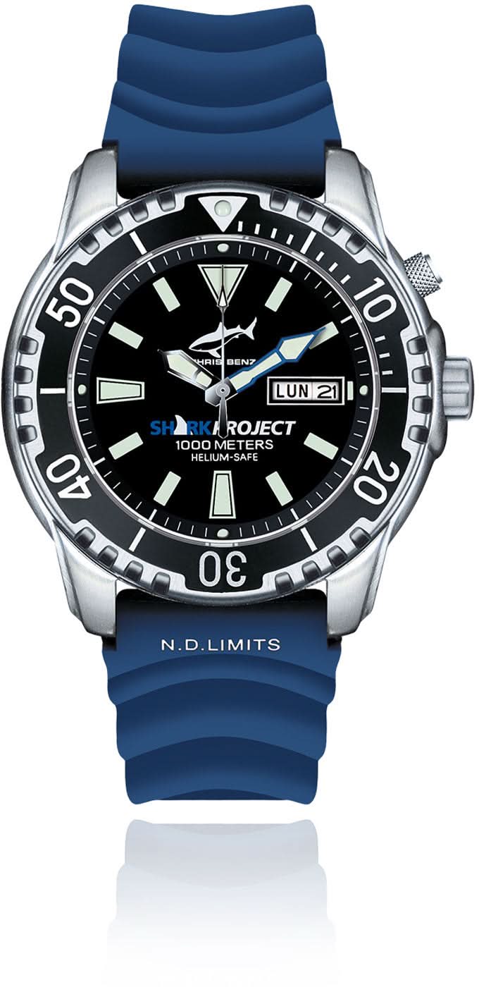 Reloj para hombre con correa de silicona azul, esfera negra y bisel plateado