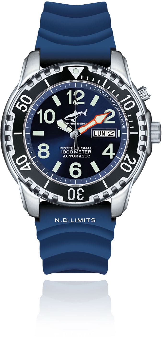 Reloj de hombre: correa de caucho azul, esfera negra con visualización de fecha