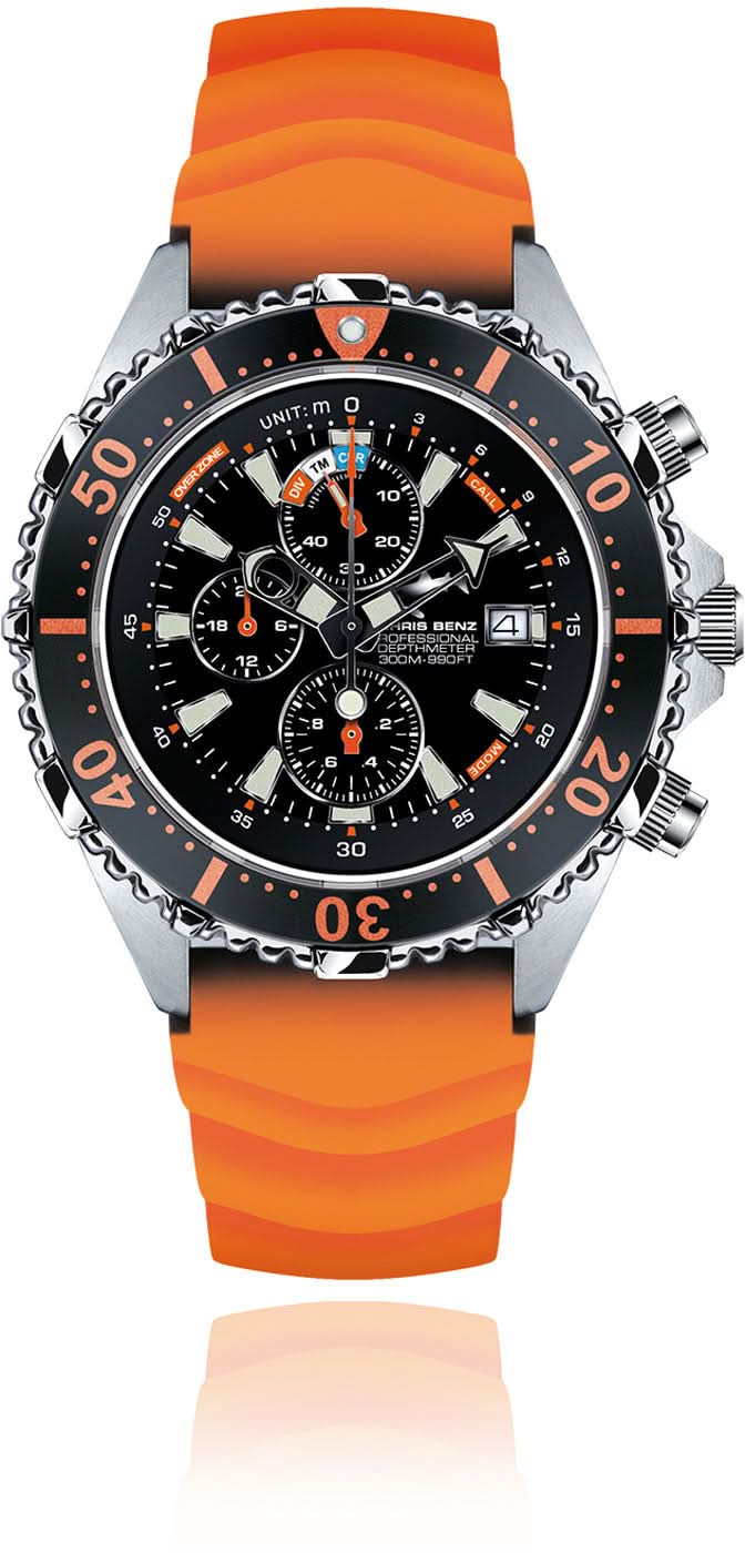 Reloj para hombre con esfera negra, correa de silicona naranja y diseño de cronógrafo