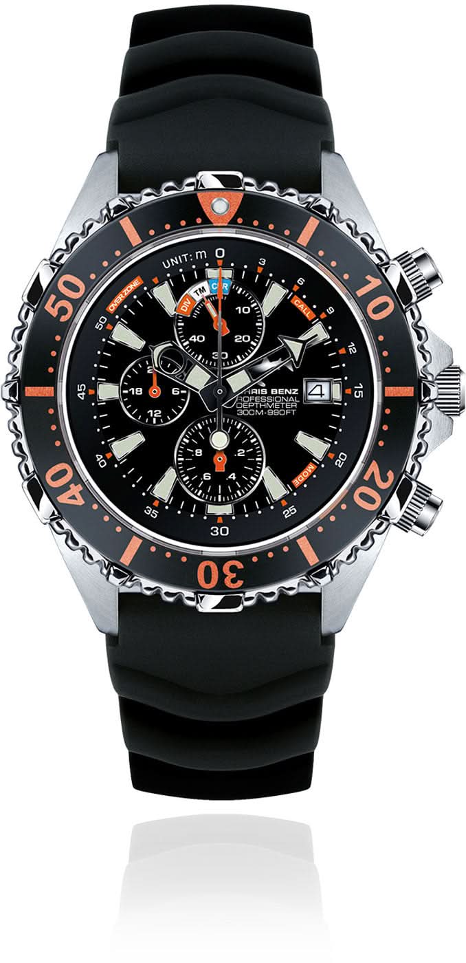 Reloj de hombre con correa de caucho negro, esfera negra y subesferas de cronógrafo