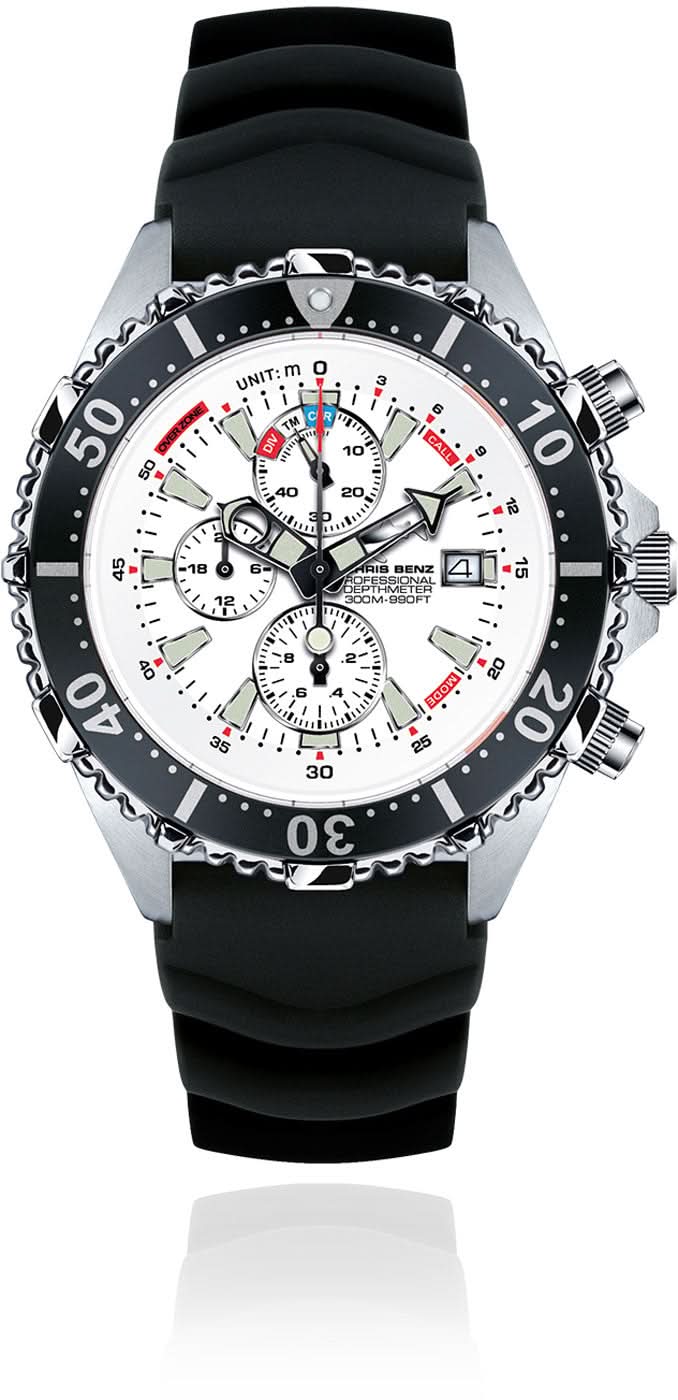Reloj de buceo con correa negra, caja plateada y esfera blanca