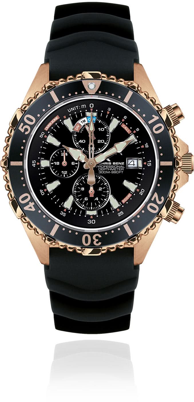 Reloj de hombre con esfera negra, correa de caucho negra y bisel dorado