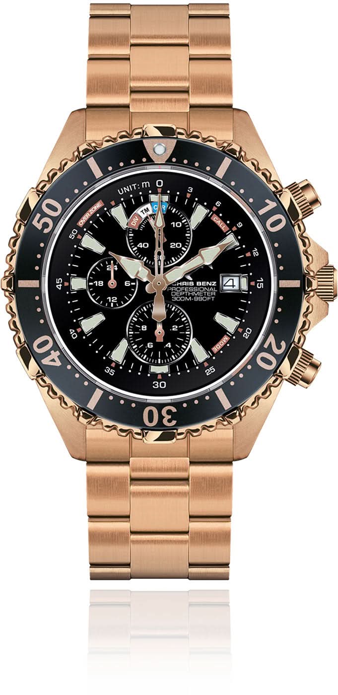 Reloj de hombre con correa de acero inoxidable en tono oro rosa y esfera negra con cronógrafo