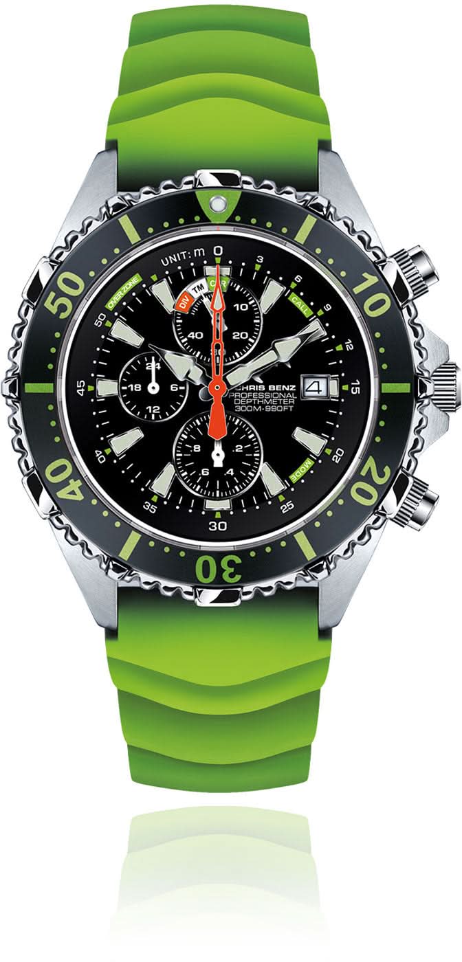 Reloj para hombre con correa de silicona verde, esfera negra e manecillas naranjas