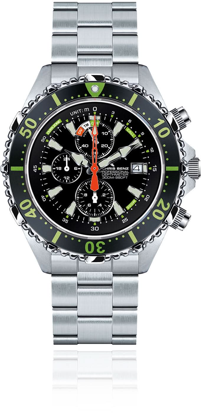 Reloj de hombre con esfera negra, bisel verde y correa de acero inoxidable