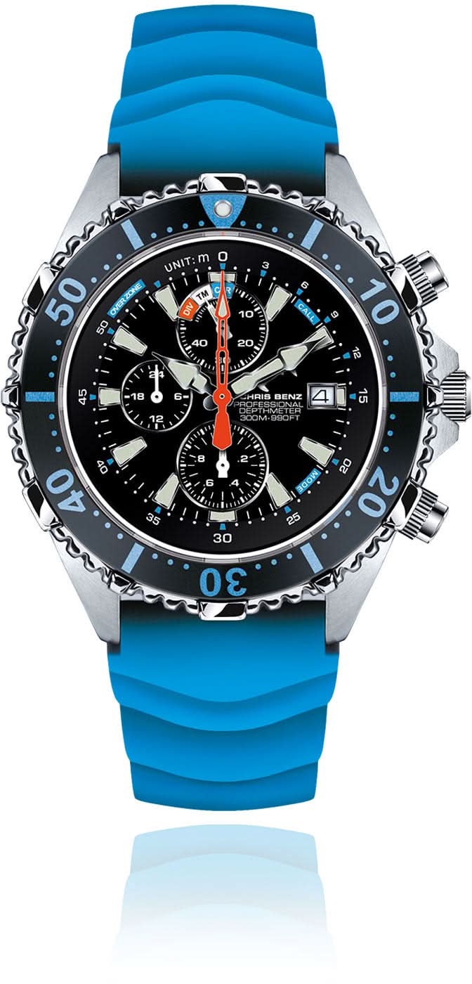 Reloj para hombre con correa de silicona azul y esfera negra, cronógrafo