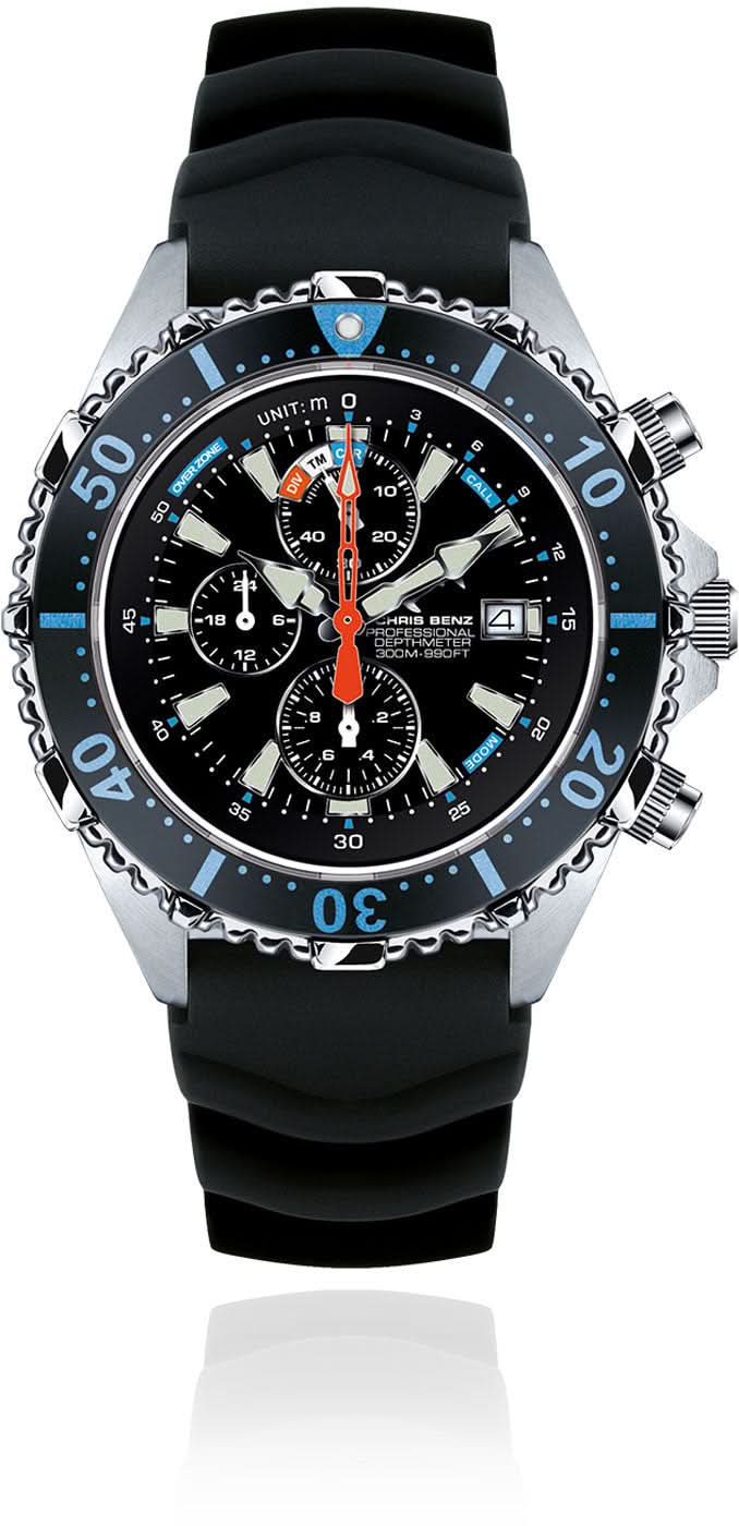 Reloj de hombre con correa de caucho negra, esfera negra y cronógrafo