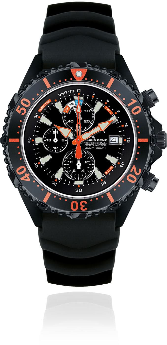 Reloj de buceo con correa negra, esfera negra y bisel rojo