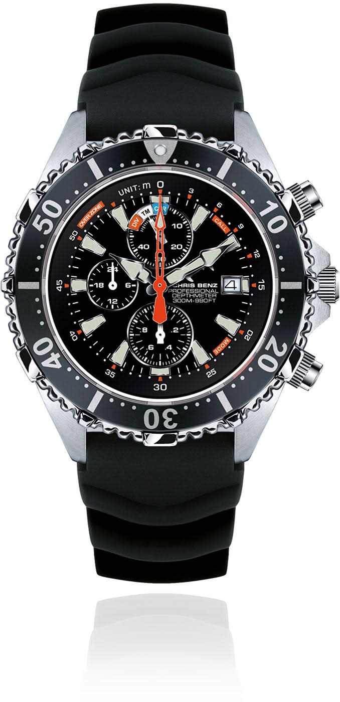 Reloj de buceo con correa de caucho negro, cronógrafo, esfera negra, bisel de acero inoxidable