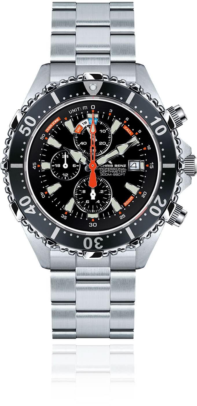 Reloj de hombre con esfera negra, subesferas de cronógrafo y pulsera de acero inoxidable plateado