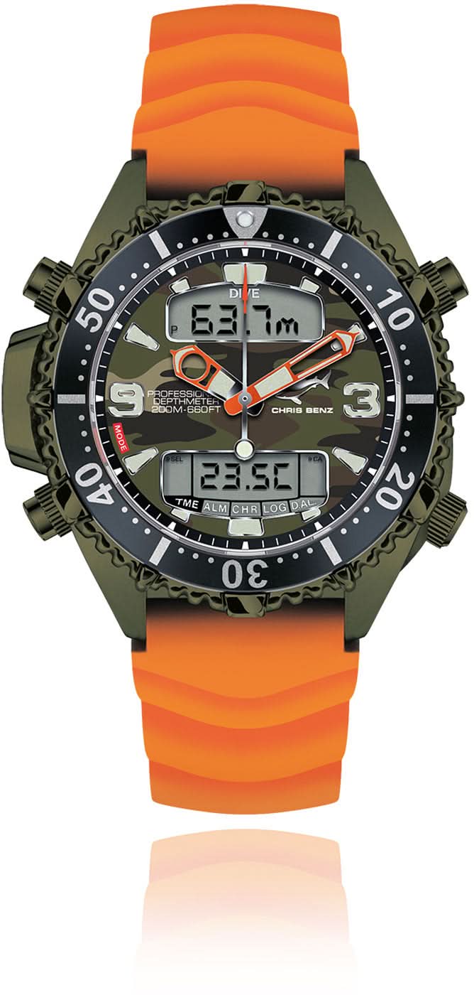 Reloj de buceo para hombre con correa de silicona naranja, bisel negro
