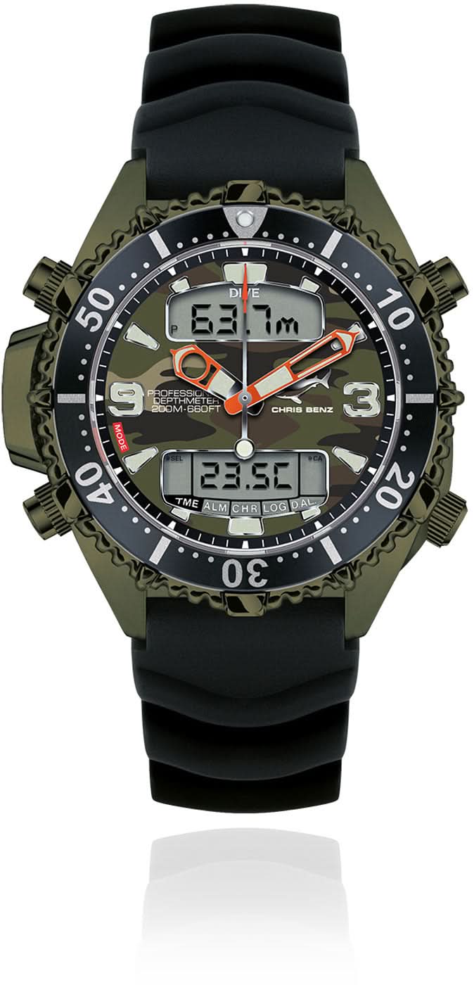 Reloj para hombre con pantalla digital, correa negra, esfera verde oscuro y elementos luminosos