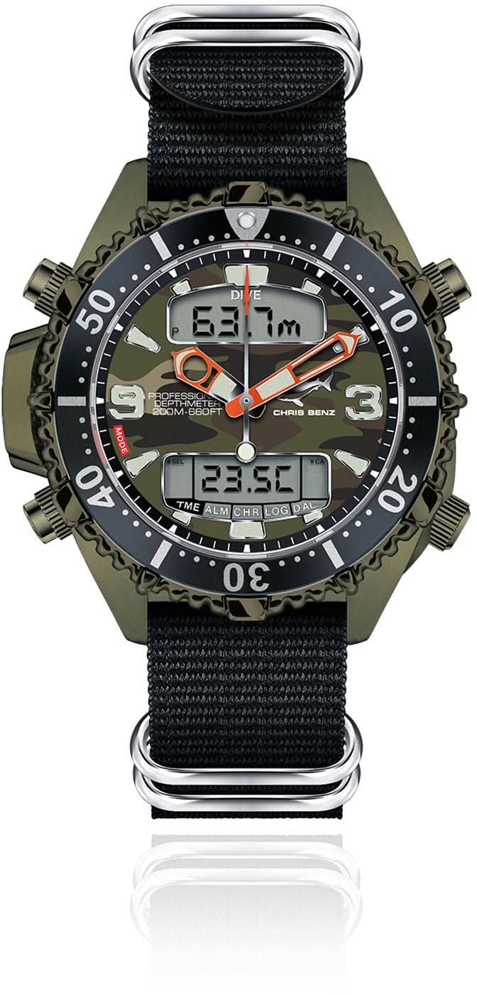 Reloj de profundidad digital con correa de tela negra, bisel negro y pantalla