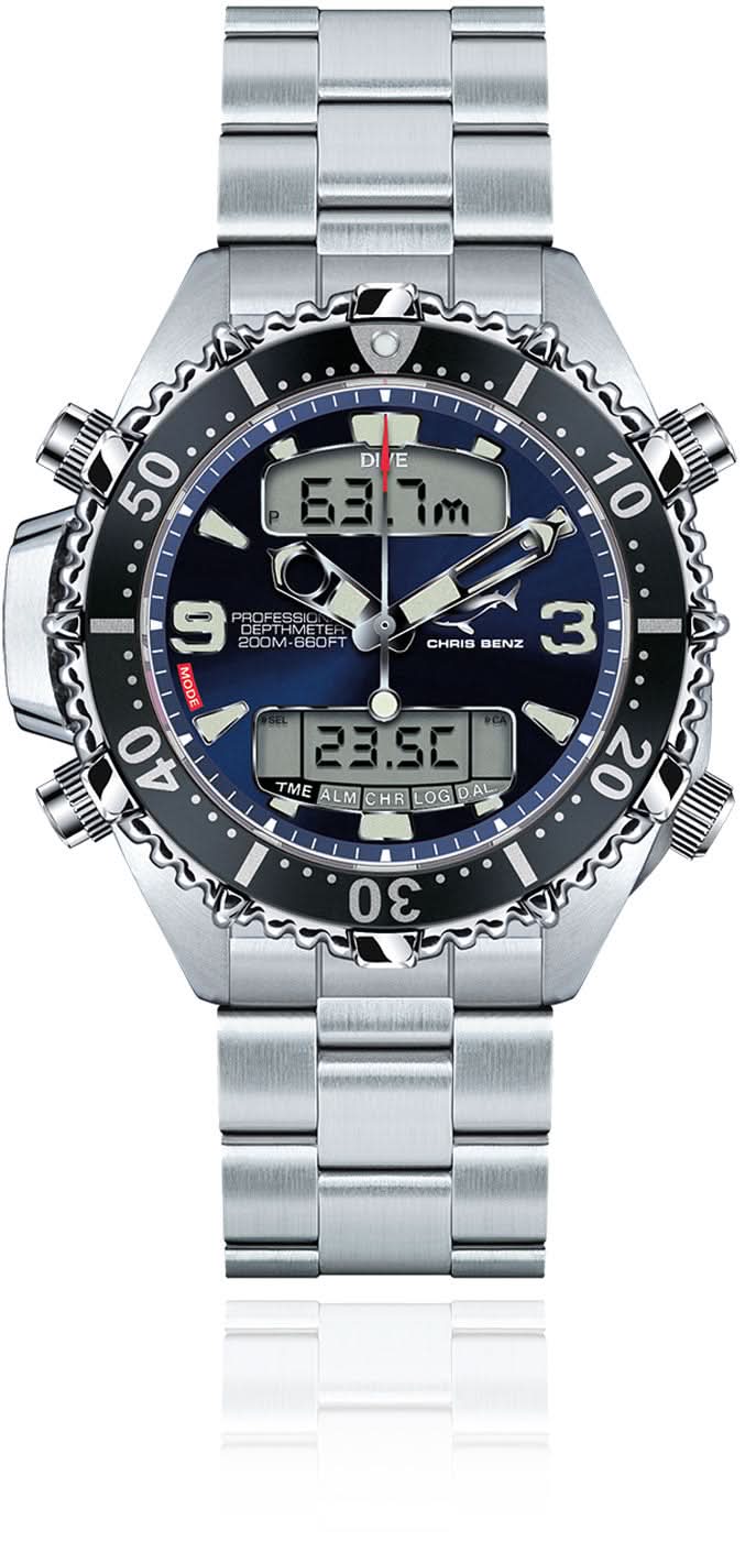 Reloj de buceo con correa de metal, esfera negra y visualización de fecha