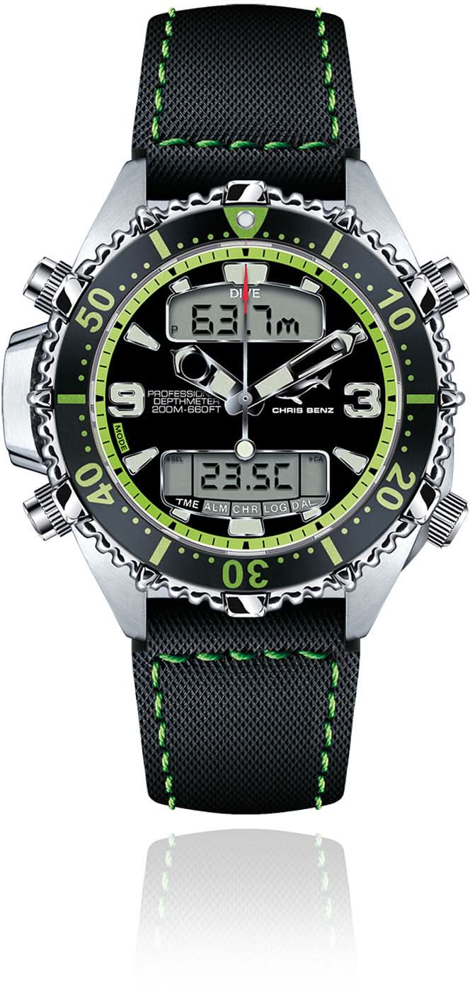 Reloj digital para hombre con correa negra, esfera y bisel verdes, pantalla digital
