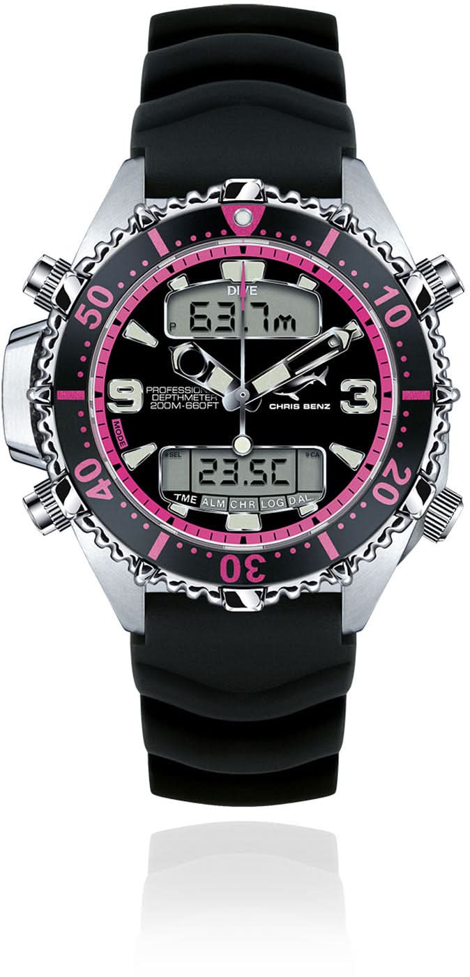 Reloj de buceo digital con correa negra, bisel rosa y pantalla digital